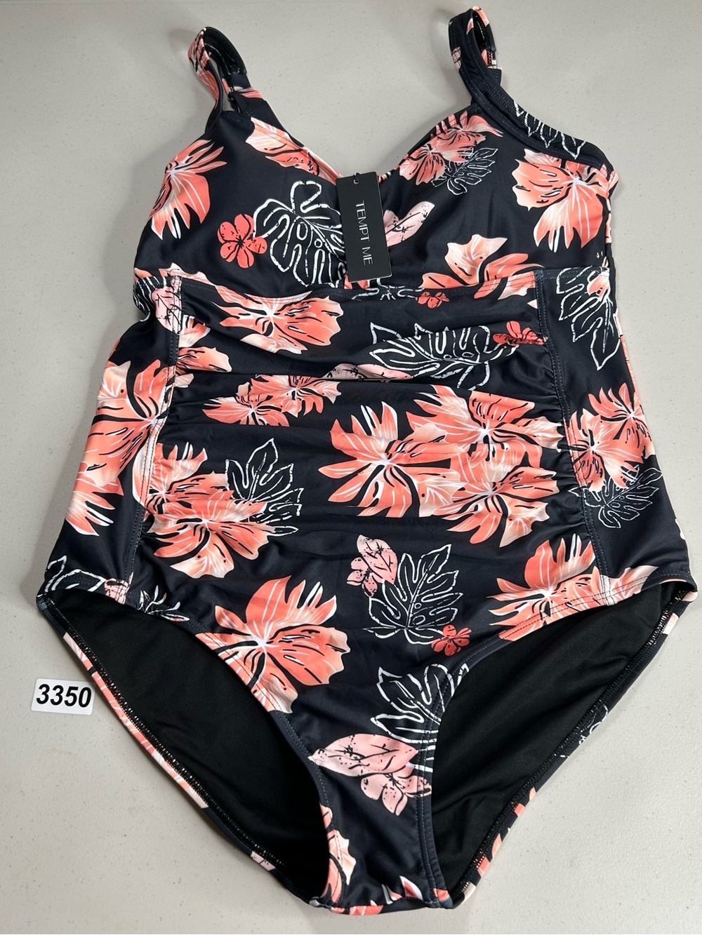 Tempt Me Women Size L Black Orange Floral Ruched One Piece Vintage Swimsuit